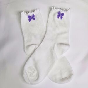 White Lettuce Ruffle Crew Cut Socks with Purple Velvet Bow.
